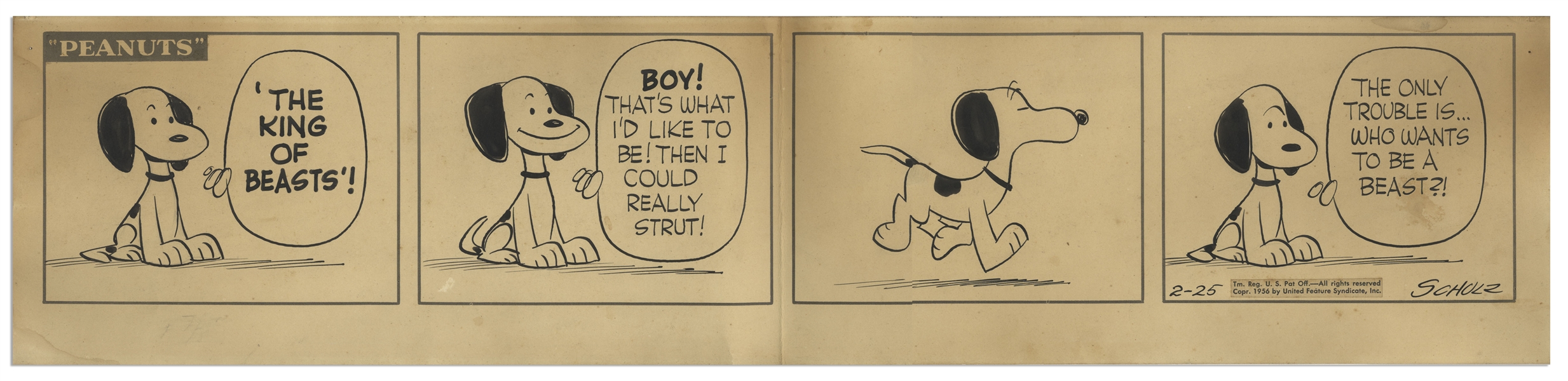 Early Charles Schulz Hand-Drawn ''Peanuts'' Comic Strip From 1956 Showing Snoopy Walking on All Four Legs